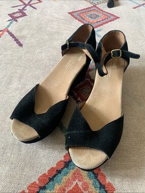 Toms Black Suede Open-Toe Ankle Strap Wedges